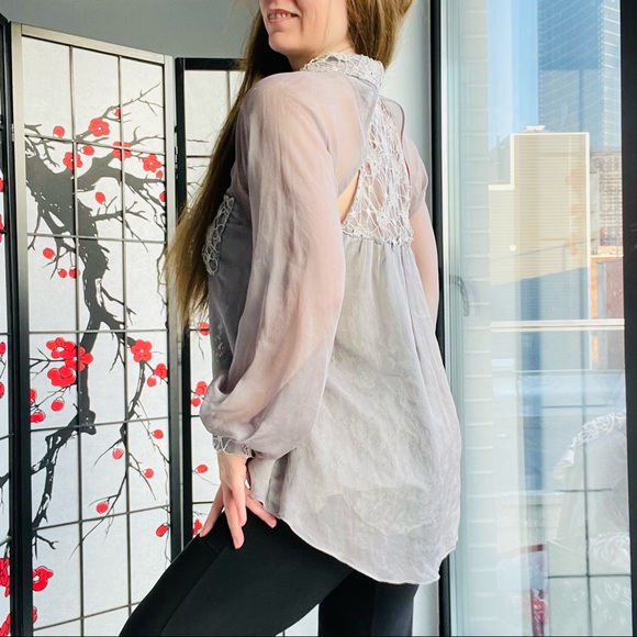 Anthropologie RYU: Flare LACE & GRAY Guipure Chiffon Cut Out Blouse Top - Picture 9 of 17